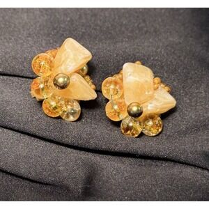 Vintage West Germany Amber stone, Clip on Earrings
